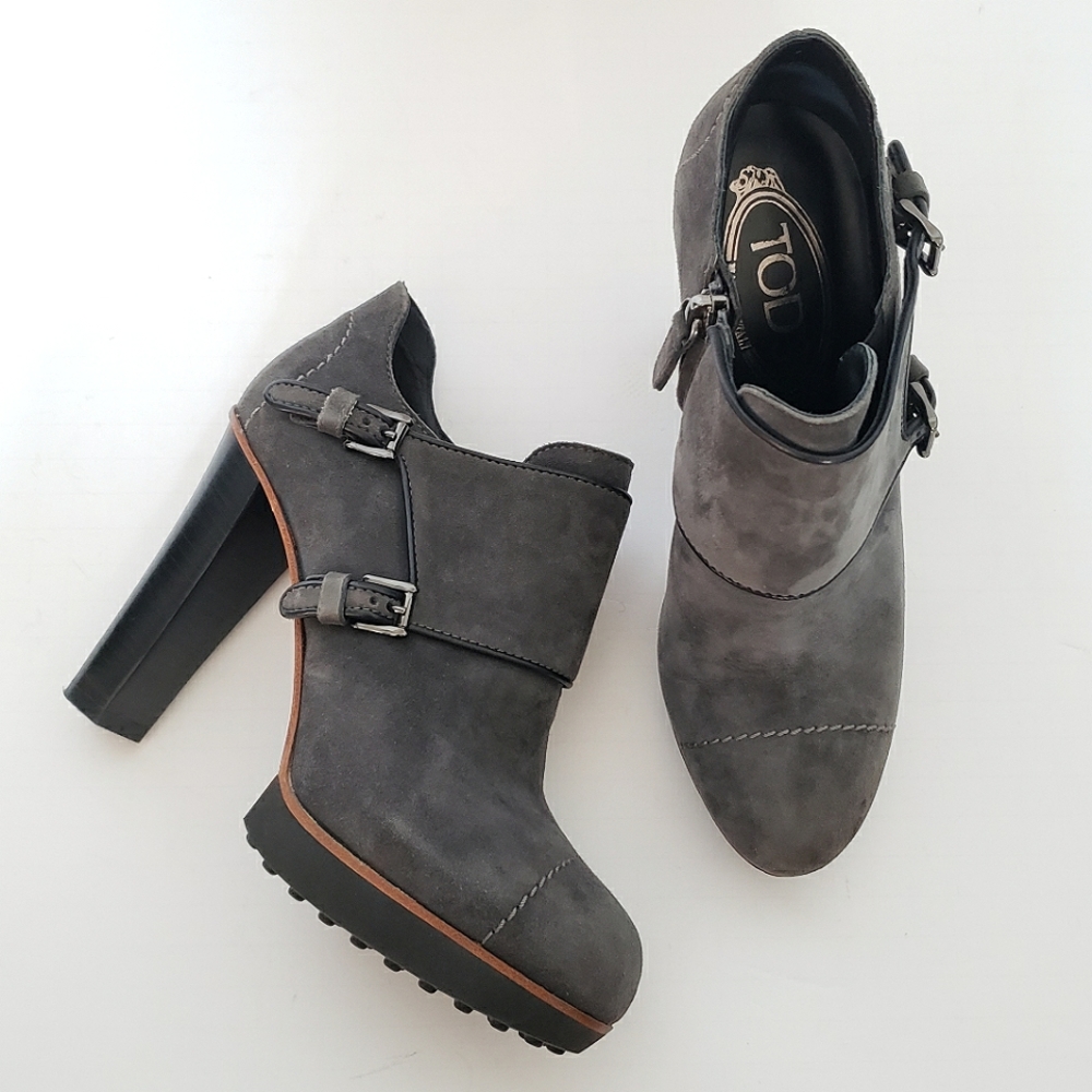 Tod's Suede Monk Strap Platform Heel Bootie Gray 5